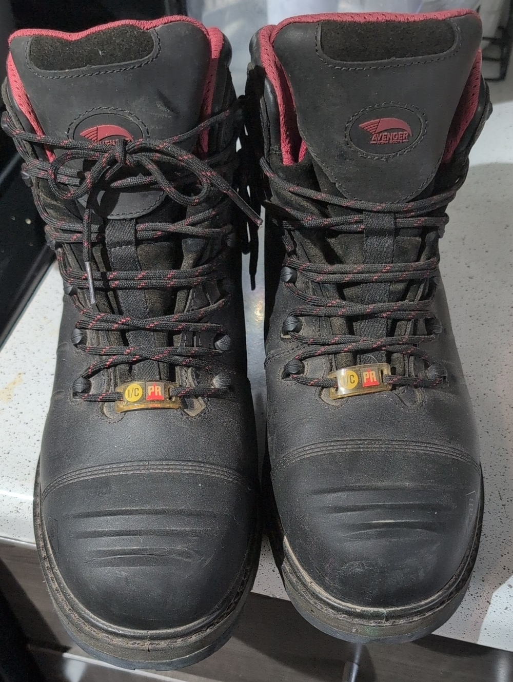 Used XXwide Avenger Black Steel Toe Work Boots with Red Trim